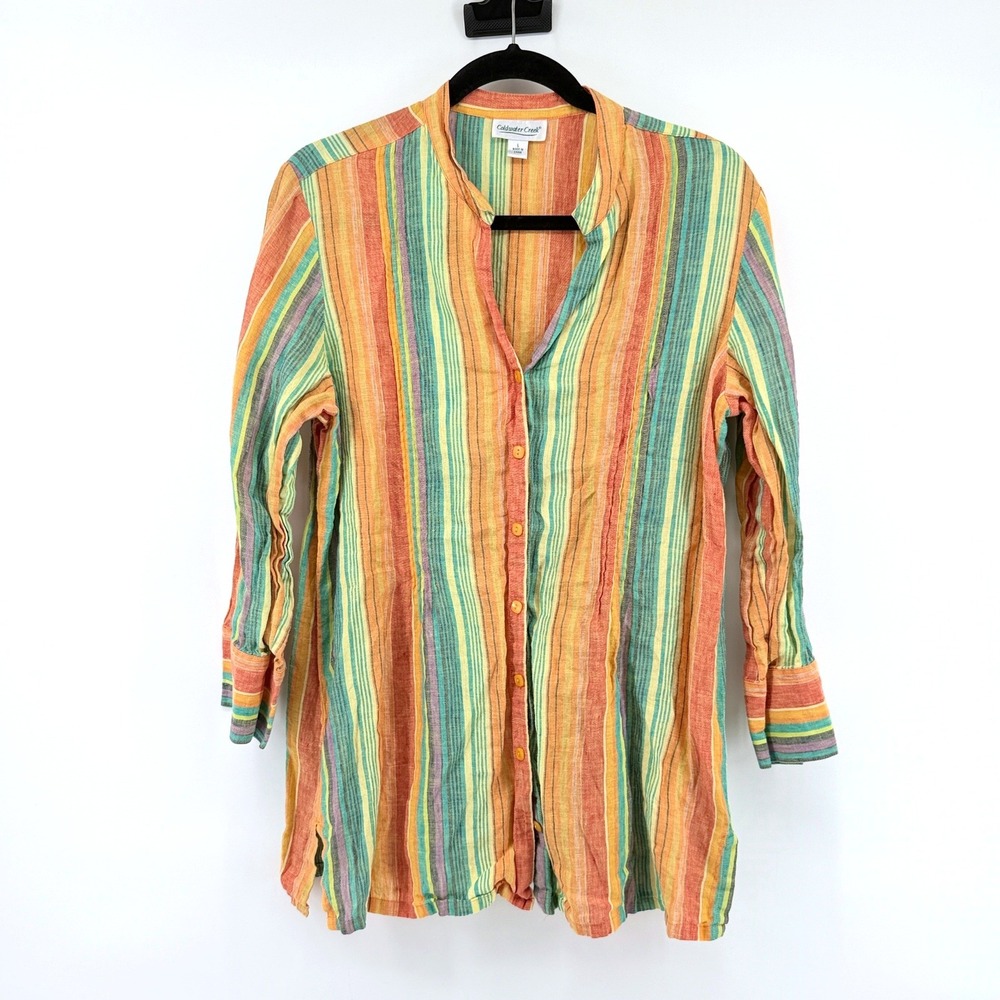 Coldwater Creek Tunic Striped Linen L Multicolor Women Long Sleeve Button Up